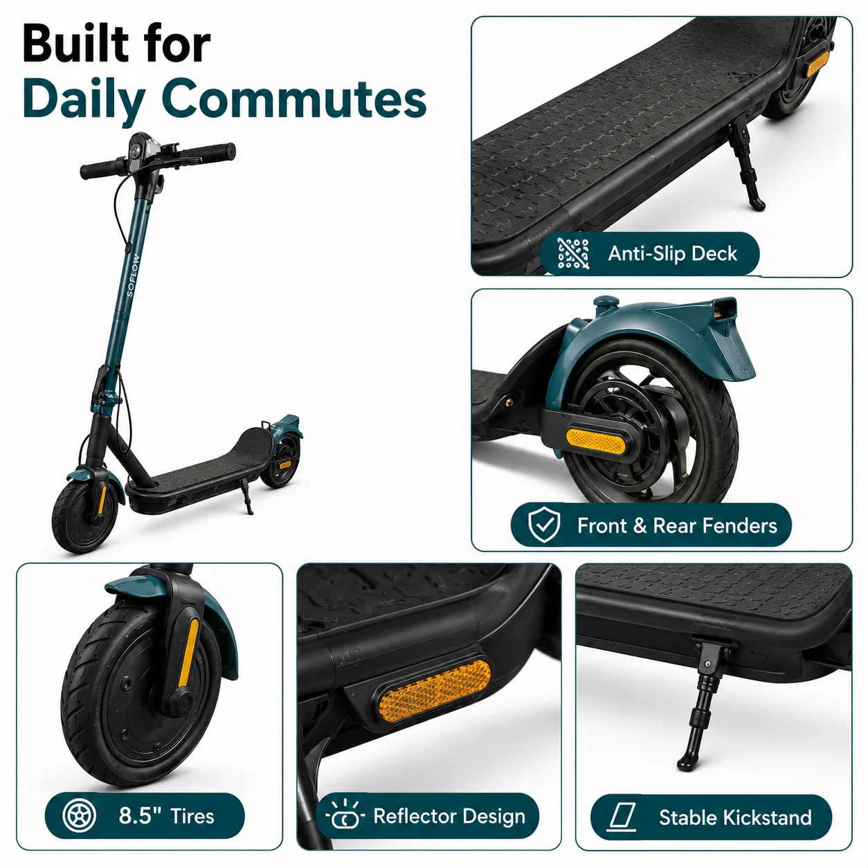 SOFLOW Adult Folding Electric Scooter 350W Motor 25km/h Max Speed 36V 5Ah Battery 8.5 Inch Tire Portable Foldable E‑Scooter for City Commute