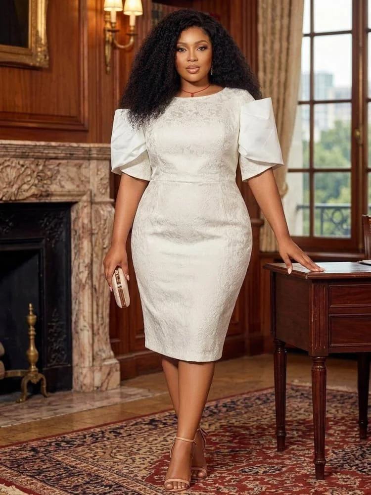 Plus Size Round Neck Puff Short Sleeve Midi Dress For Women Formal Office Business Banquet Bodycon Pencil Dress