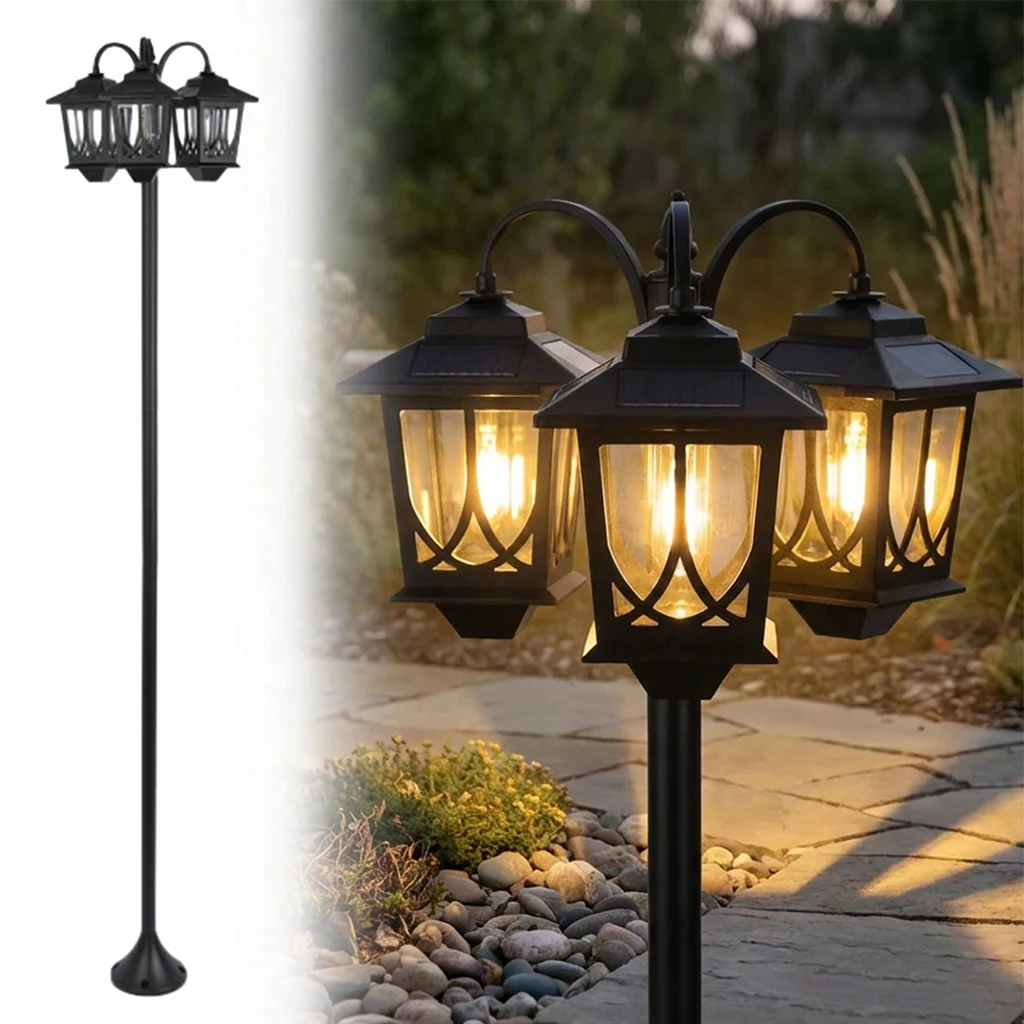 73" Aluminum Solar Lamp Post Light,3 Head Solar Garden Lamp Post Outdoor Waterproof LED Pathway Light Vintage Style Auto On Off for Yard Lawn Walkway Patio Decoration