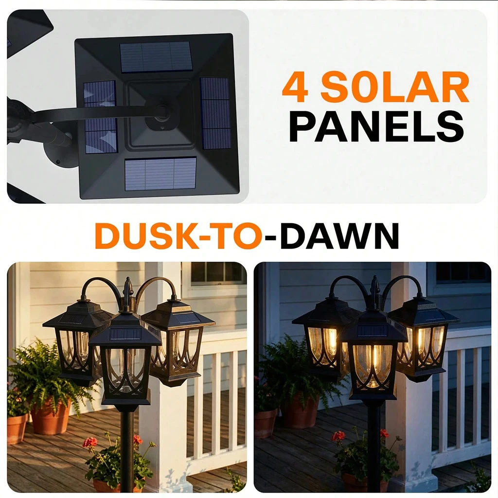 73" Aluminum Solar Lamp Post Light,3 Head Solar Garden Lamp Post Outdoor Waterproof LED Pathway Light Vintage Style Auto On Off for Yard Lawn Walkway Patio Decoration