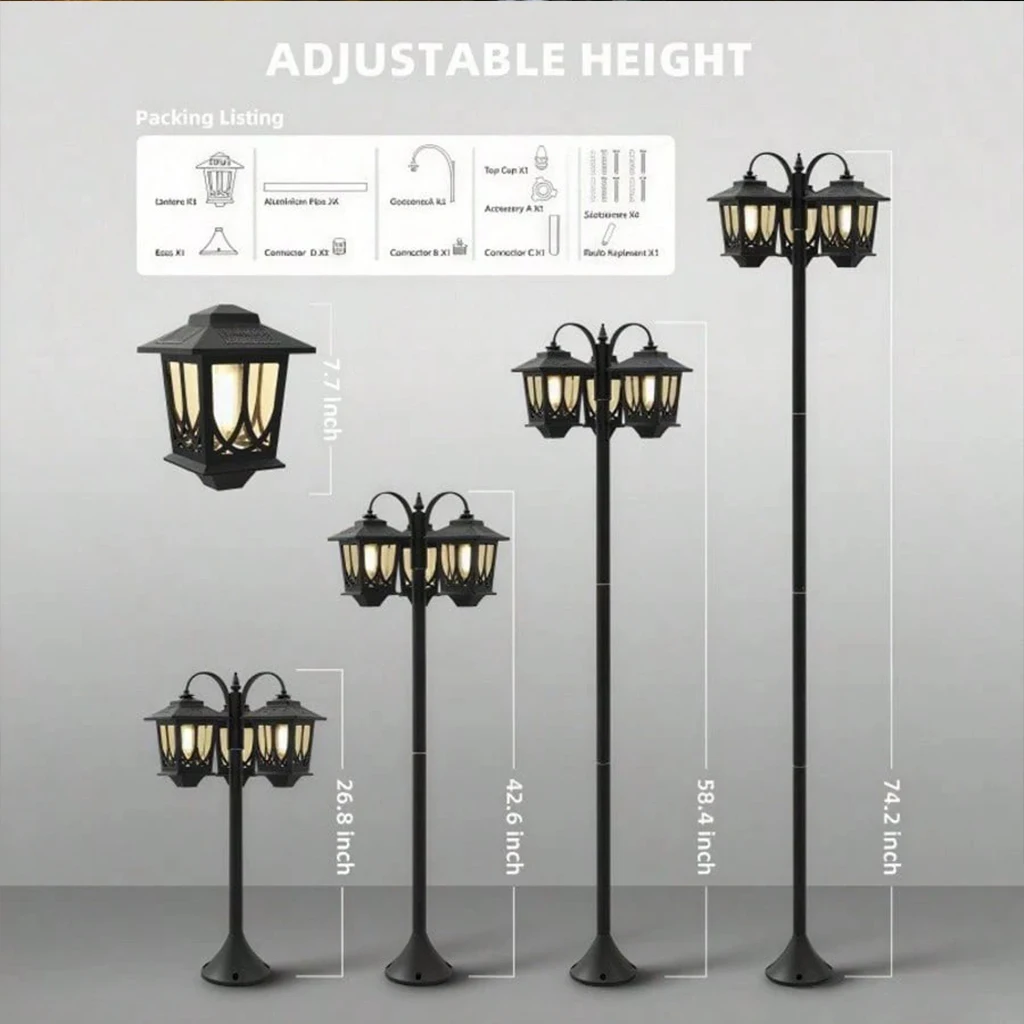 73" Aluminum Solar Lamp Post Light,3 Head Solar Garden Lamp Post Outdoor Waterproof LED Pathway Light Vintage Style Auto On Off for Yard Lawn Walkway Patio Decoration