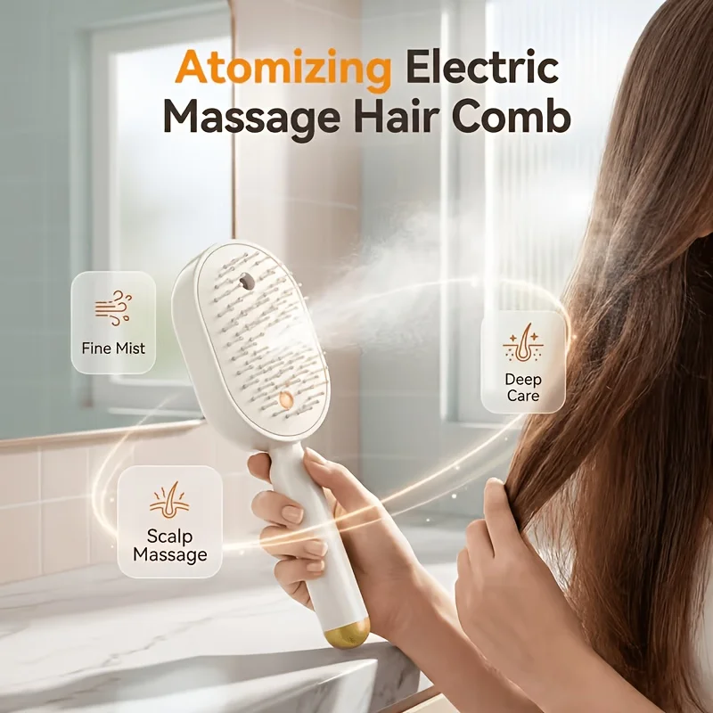 3 in 1 Red Light Electric Mist Hair Brush Scalp Massager Detangling Comb with Fine Spray Atomizer Self Cleaning Cushion Bristles Anti Static Frizz Smoothing Hair Oil Applicator Portable Cordless Brush for Wet Dry Hair Women Men