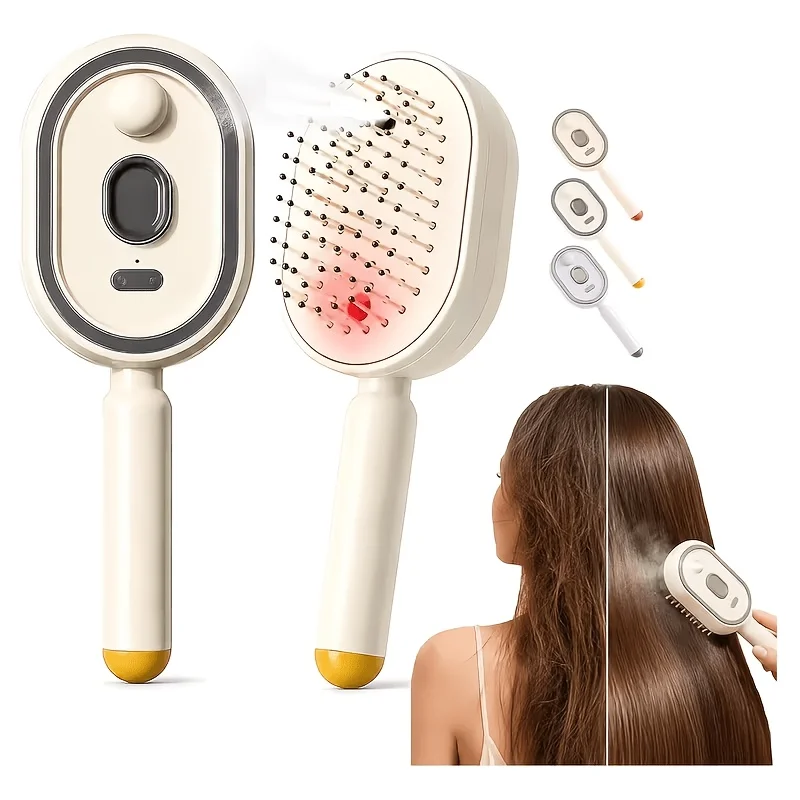 3 in 1 Red Light Electric Mist Hair Brush Scalp Massager Detangling Comb with Fine Spray Atomizer Self Cleaning Cushion Bristles Anti Static Frizz Smoothing Hair Oil Applicator Portable Cordless Brush for Wet Dry Hair Women Men