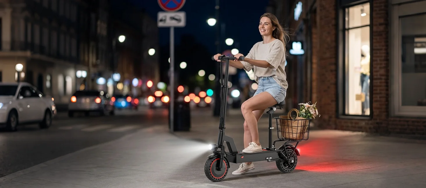 500W Electric Scooter with Seat and Basket, Front Suspension 22 MPH & 21 Miles Range, 10 Inch Solid Tires, Foldable Commuter E-Scooter with LCD Display, Dual Braking