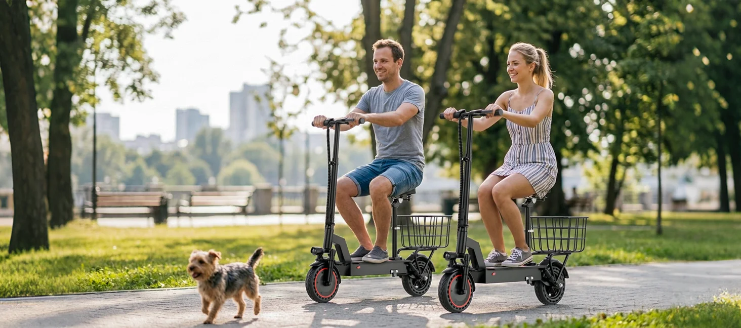 500W Electric Scooter with Seat and Basket, Front Suspension 22 MPH & 21 Miles Range, 10 Inch Solid Tires, Foldable Commuter E-Scooter with LCD Display, Dual Braking