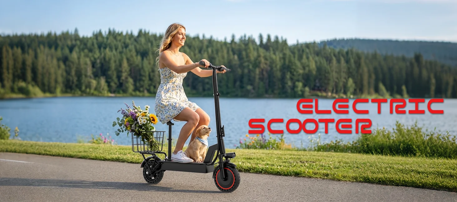 500W Electric Scooter with Seat and Basket, Front Suspension 22 MPH & 21 Miles Range, 10 Inch Solid Tires, Foldable Commuter E-Scooter with LCD Display, Dual Braking