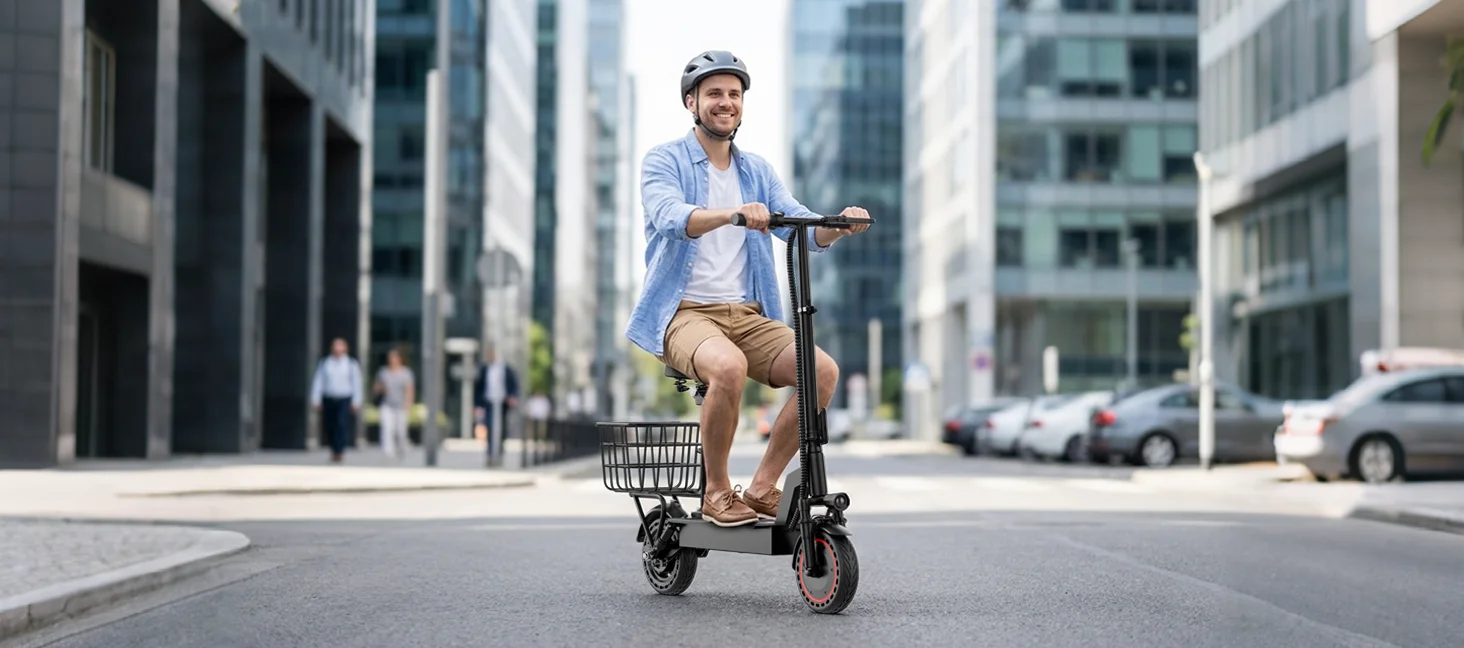 500W Electric Scooter with Seat and Basket, Front Suspension 22 MPH & 21 Miles Range, 10 Inch Solid Tires, Foldable Commuter E-Scooter with LCD Display, Dual Braking