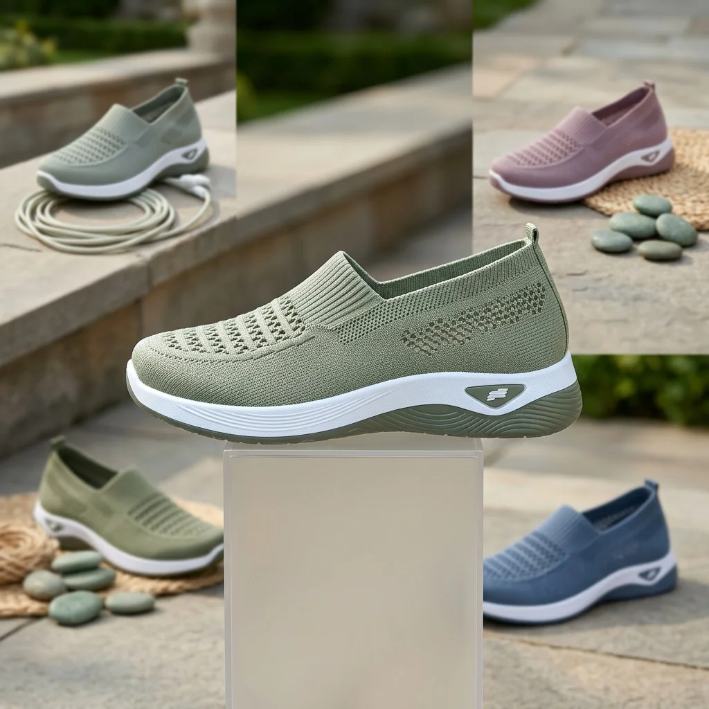 2026 Women Hollow Flying Knit Slip On Wedge Walking Shoes Breathable Mesh Lightweight Cushion Platform Non Slip Soft Sole Comfort Loafers Multicolor Lazy Slip-in Trainers Plus For Daily Shopping Gym Travel Outdoor Elderly Ladies All Season Casual Sport