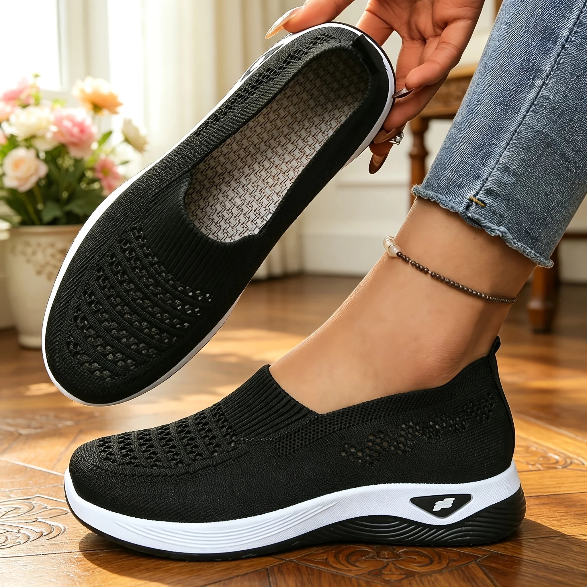 2026 Women Hollow Flying Knit Slip On Wedge Walking Shoes Breathable Mesh Lightweight Cushion Platform Non Slip Soft Sole Comfort Loafers Multicolor Lazy Slip-in Trainers Plus For Daily Shopping Gym Travel Outdoor Elderly Ladies All Season Casual Sport