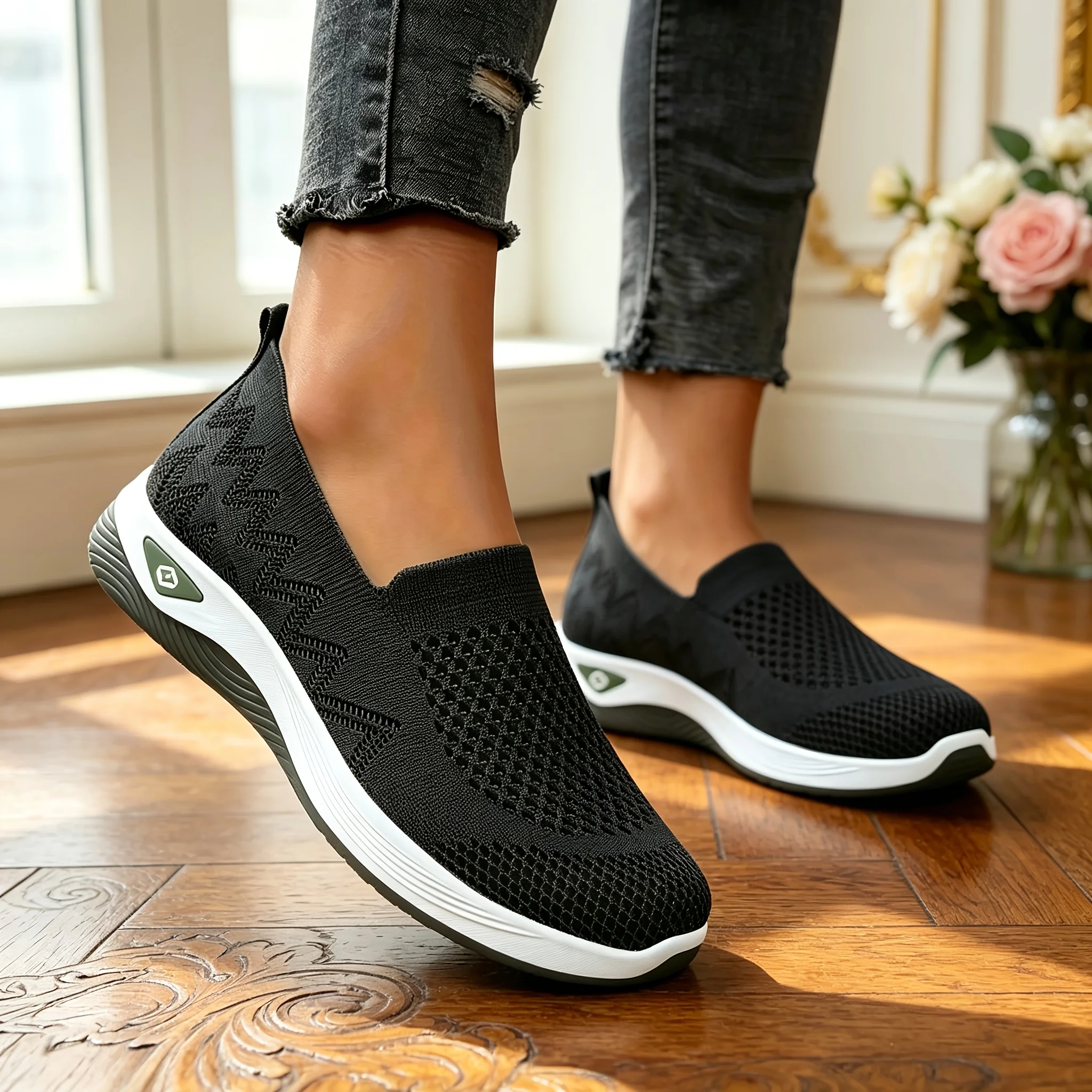 2026 Women Hollow Flying Knit Slip On Wedge Walking Shoes Breathable Mesh Lightweight Cushion Platform Non Slip Soft Sole Comfort Loafers Multicolor Lazy Slip-in Trainers Plus For Daily Shopping Gym Travel Outdoor Elderly Ladies All Season Casual Sport