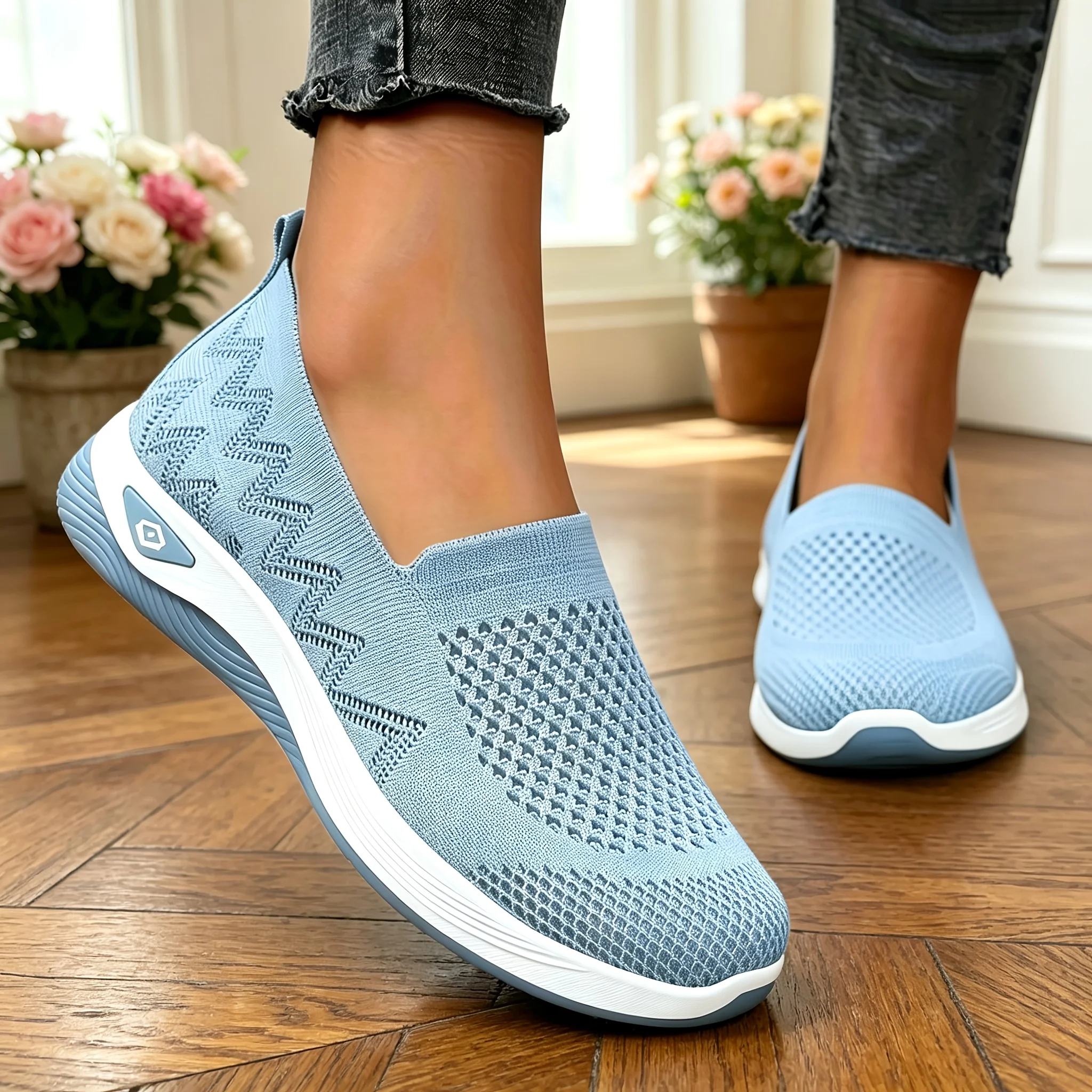 2026 Women Hollow Flying Knit Slip On Wedge Walking Shoes Breathable Mesh Lightweight Cushion Platform Non Slip Soft Sole Comfort Loafers Multicolor Lazy Slip-in Trainers Plus For Daily Shopping Gym Travel Outdoor Elderly Ladies All Season Casual Sport