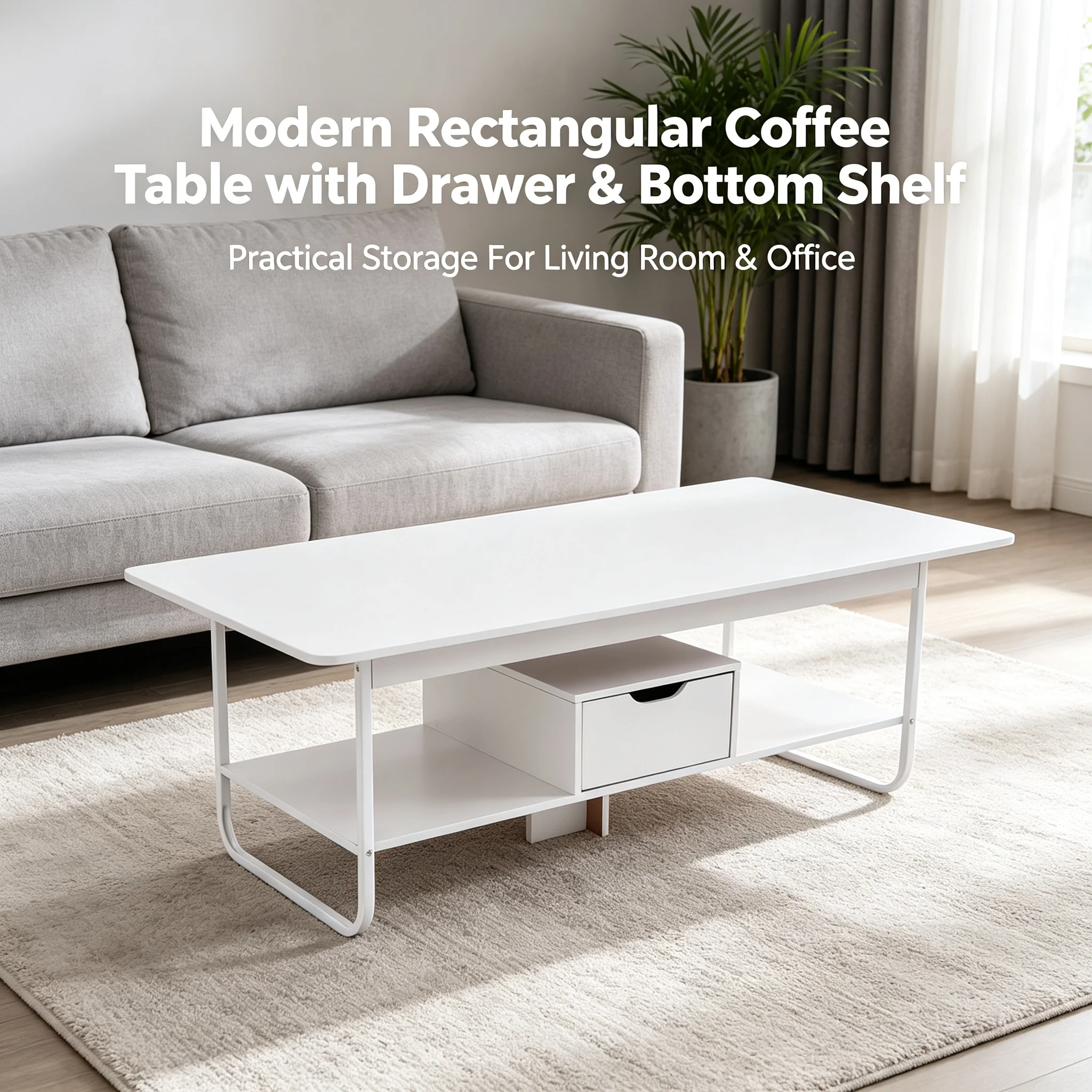 Modern Rectangular Coffee Table with Drawer & Bottom Shelf, 47.2x23.6x16.5in Side Table with 22 lbs Capacity, White PVC Veneered End Table for Living Room Office