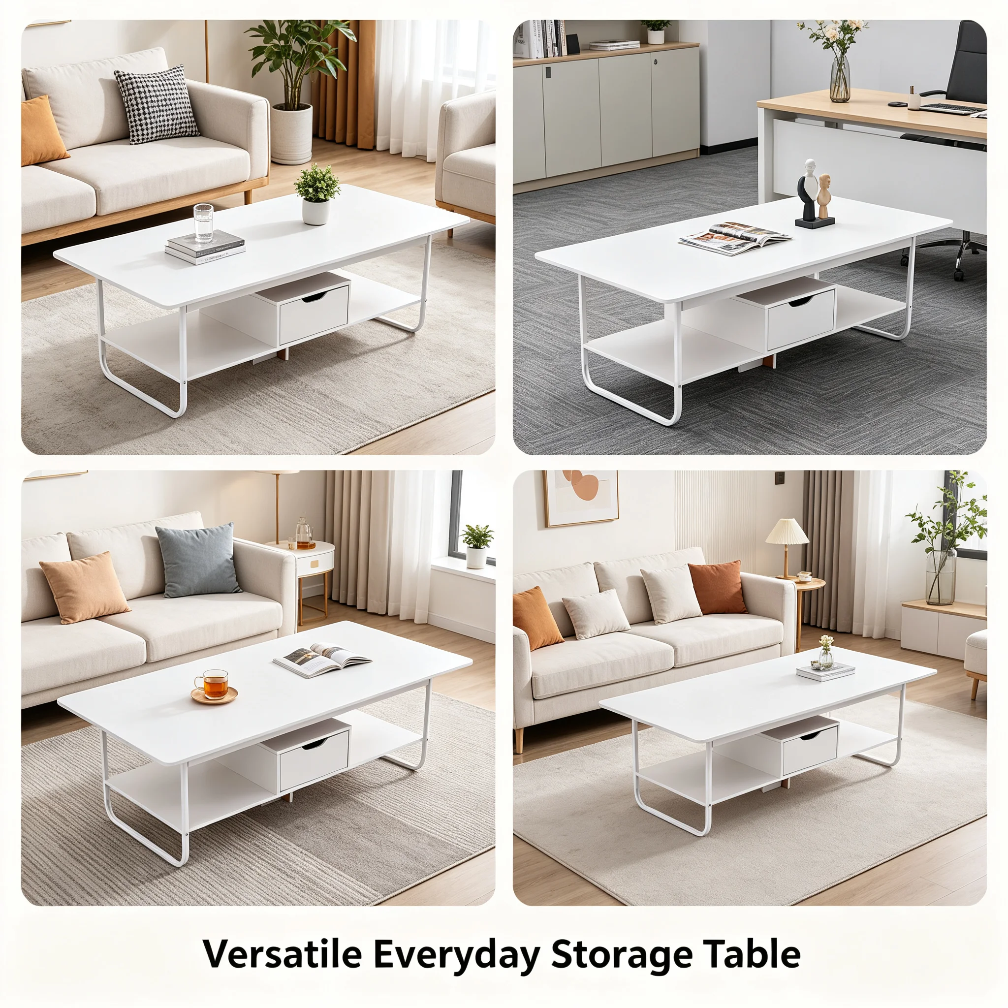 Modern Rectangular Coffee Table with Drawer & Bottom Shelf, 47.2x23.6x16.5in Side Table with 22 lbs Capacity, White PVC Veneered End Table for Living Room Office