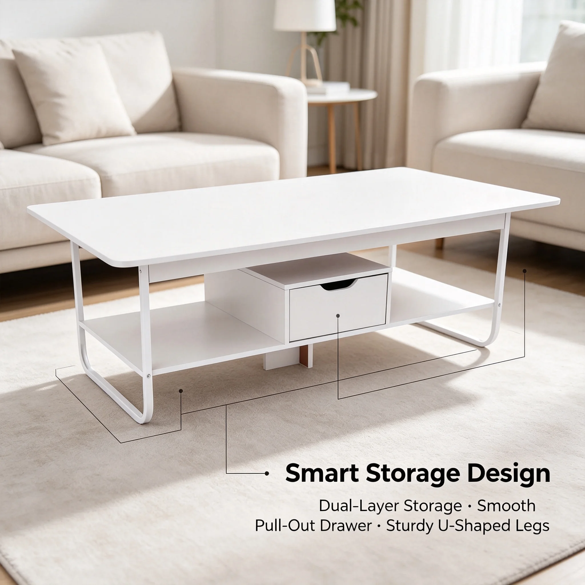 Modern Rectangular Coffee Table with Drawer & Bottom Shelf, 47.2x23.6x16.5in Side Table with 22 lbs Capacity, White PVC Veneered End Table for Living Room Office