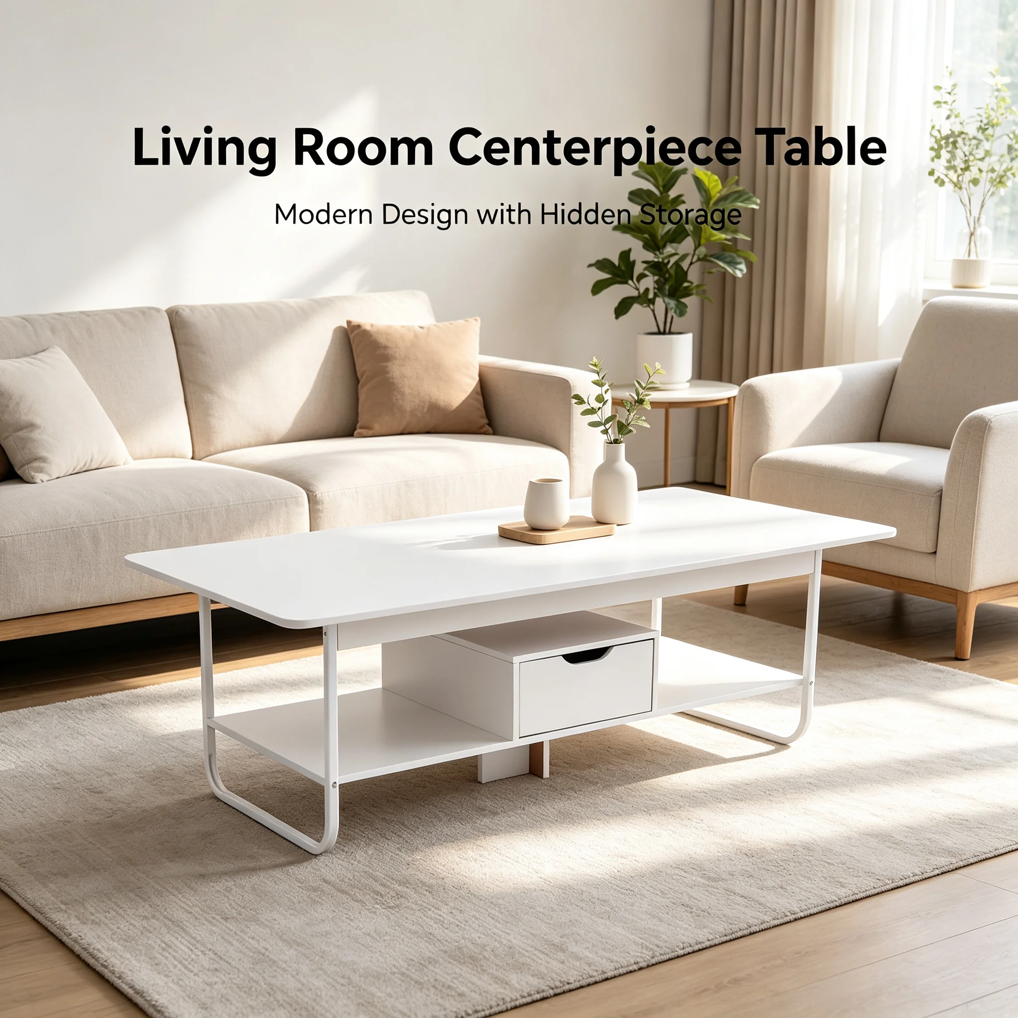 Modern Rectangular Coffee Table with Drawer & Bottom Shelf, 47.2x23.6x16.5in Side Table with 22 lbs Capacity, White PVC Veneered End Table for Living Room Office