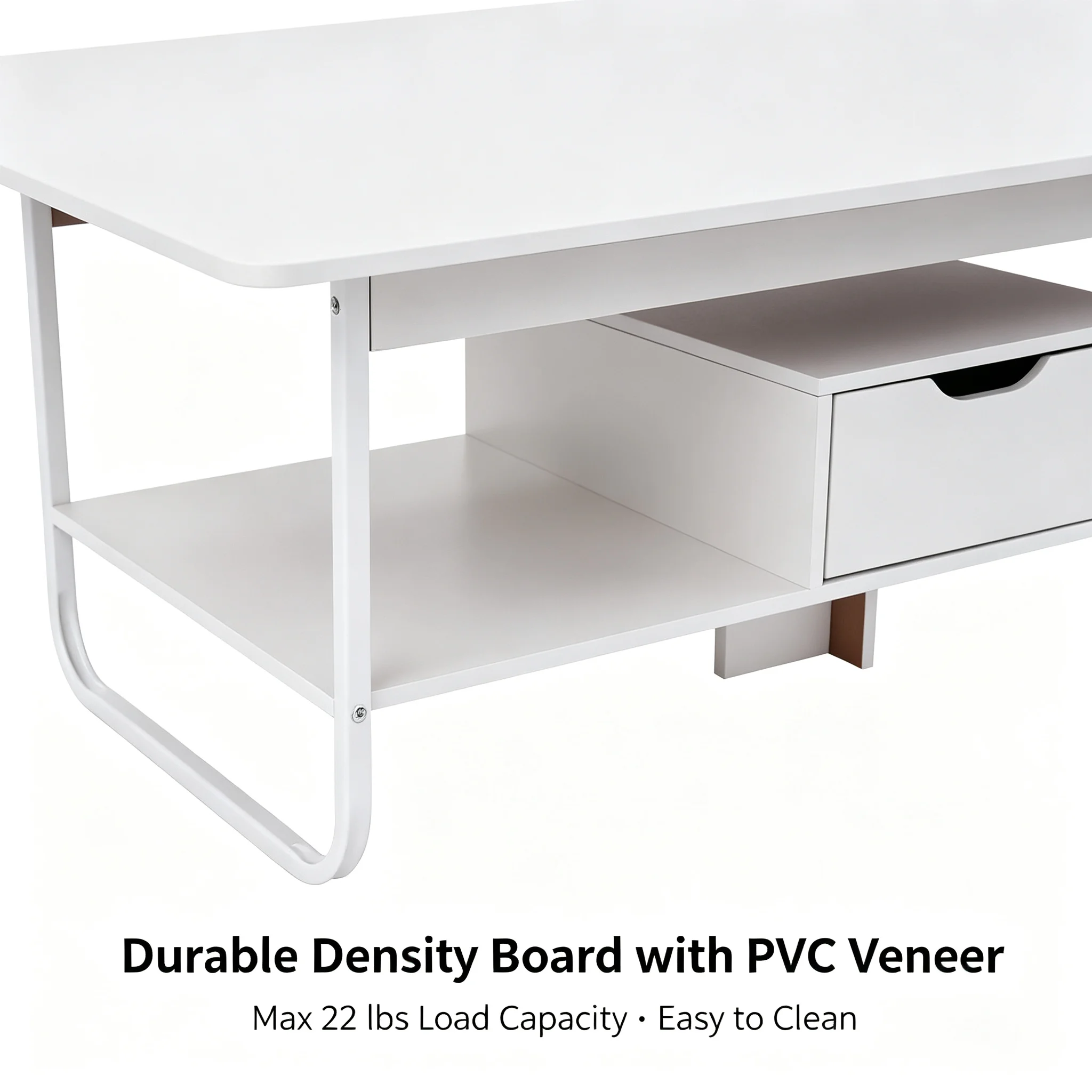 Modern Rectangular Coffee Table with Drawer & Bottom Shelf, 47.2x23.6x16.5in Side Table with 22 lbs Capacity, White PVC Veneered End Table for Living Room Office