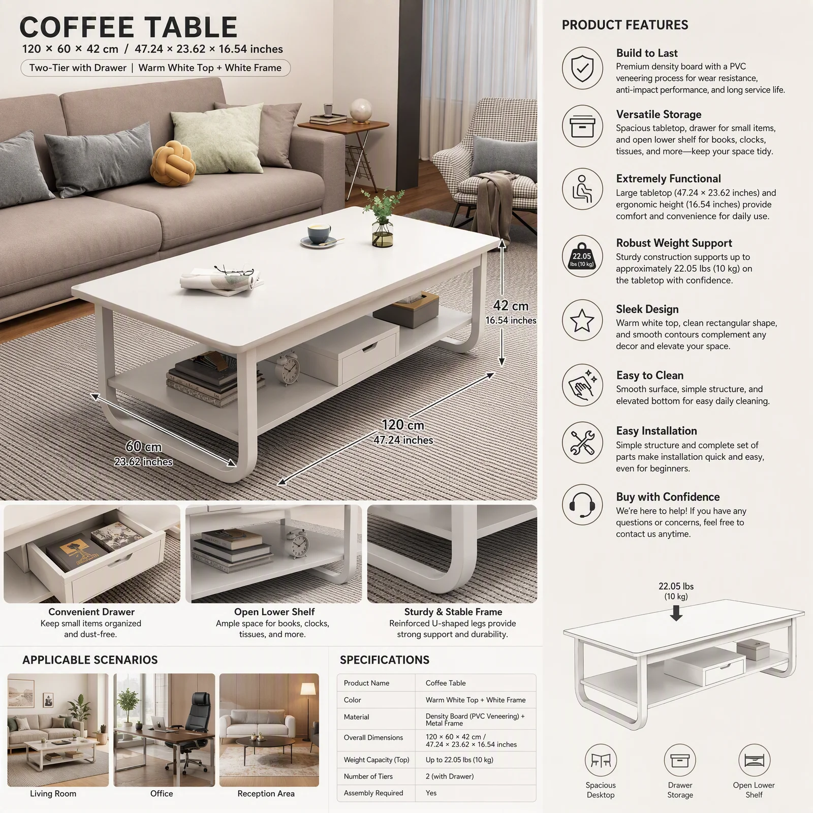 Modern Rectangular Coffee Table with Drawer & Bottom Shelf, 47.2x23.6x16.5in Side Table with 22 lbs Capacity, White PVC Veneered End Table for Living Room Office