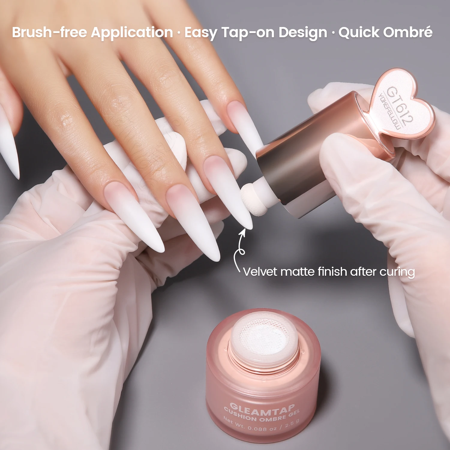 YOKEFELLOW GleamTap Cushion Ombre Painting Gel with Sponges - White Highly Pigmented No Wipe Gradient Patting Gel Polish for Ombre, Aura and Blend Nail Art ( GT612 )