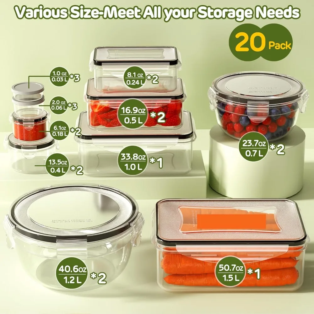 40-Piece Food Storage Containers, Leakproof, Reusable, Safe for Microwave/Dishwasher, Meal Prep & Kitchen Organization