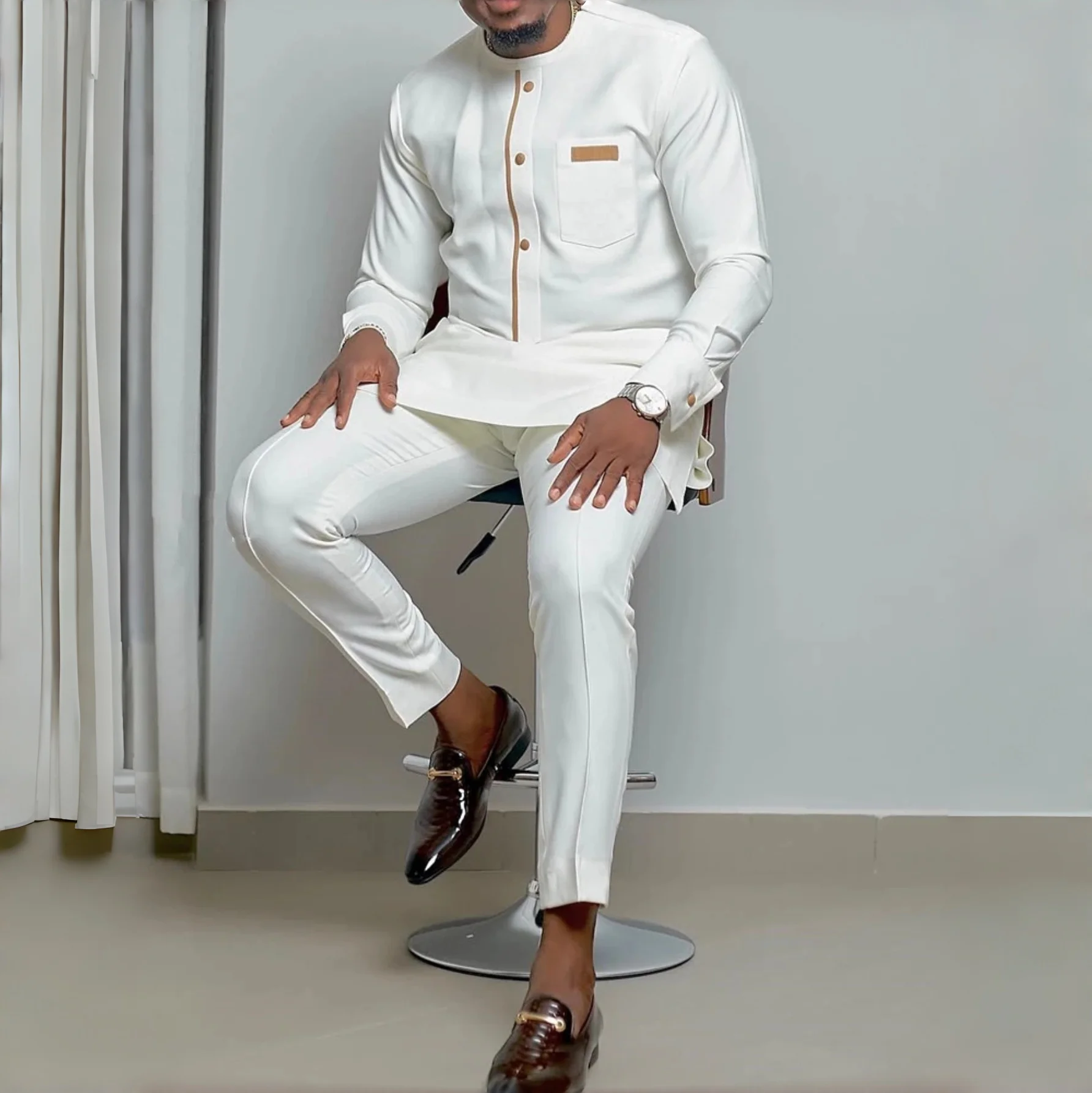 2Piece Sets Mens Outfit Embroidered Pocket Long Sleeve Top Pants Men's Wedding Suit Business Ethnic Casual Wear Tee Shirt Homme