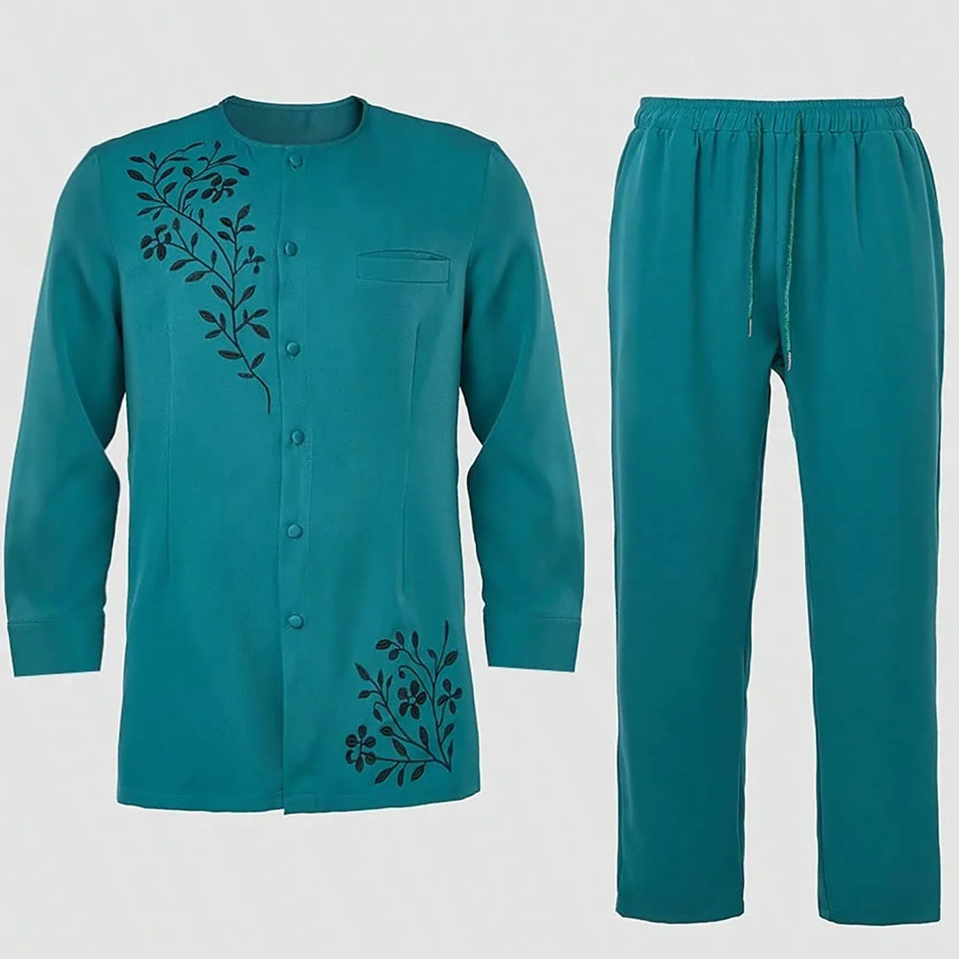 2Piece Sets Mens Outfit Embroidered Pocket Long Sleeve Top Pants Men's Wedding Suit Business Ethnic Casual Wear Tee Shirt Homme