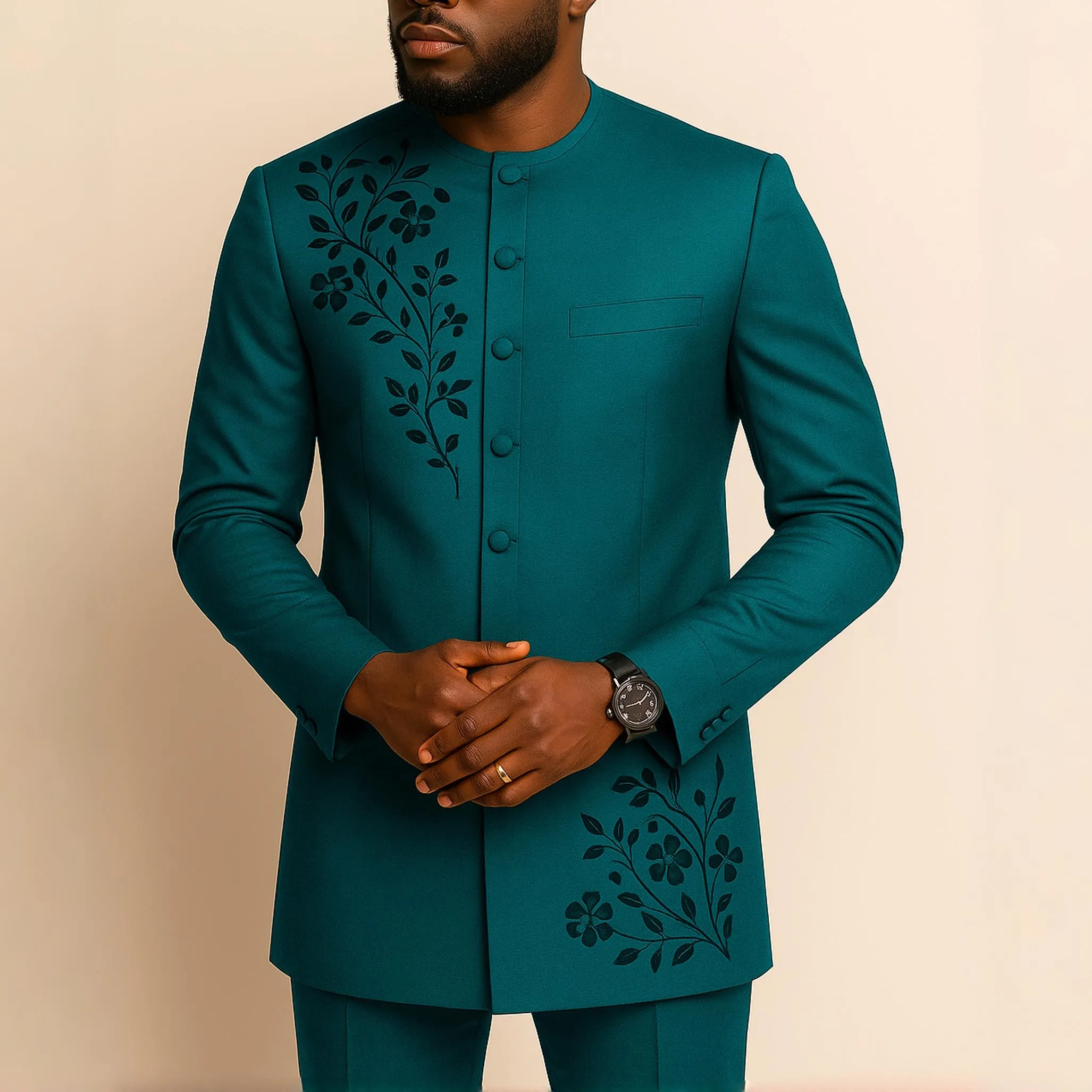 2Piece Sets Mens Outfit Embroidered Pocket Long Sleeve Top Pants Men's Wedding Suit Business Ethnic Casual Wear Tee Shirt Homme