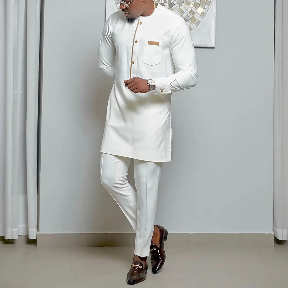 2Piece Sets Mens Outfit Embroidered Pocket Long Sleeve Top Pants Men's Wedding Suit Business Ethnic Casual Wear Tee Shirt Homme