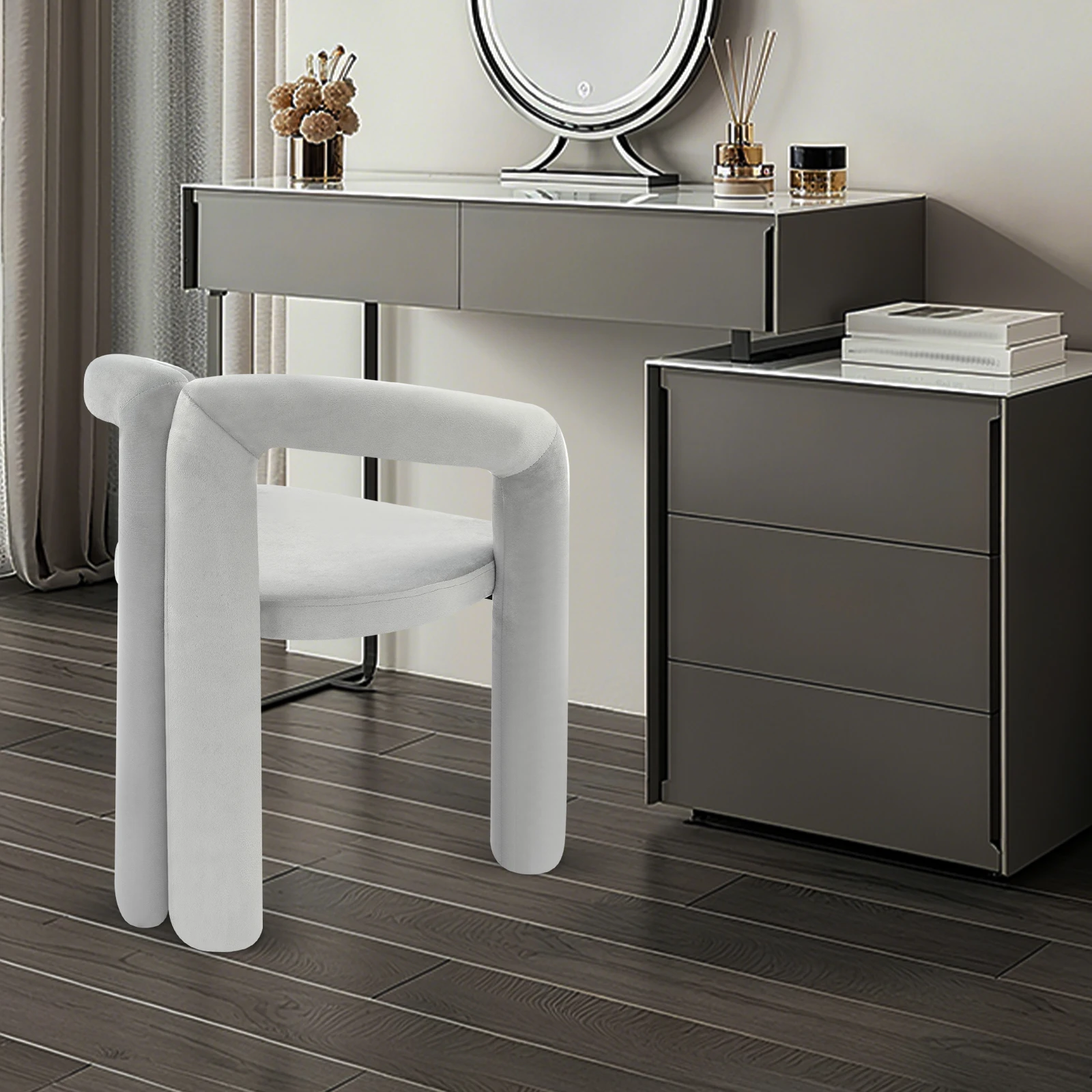 Gray Makeup Chair, Vanity Chair With Ergonomic Backrest, 220.46lbs Load Capacity Modern Upholstered Chair Carbon Steel Frame 60mm Thick High-Resilience Sponge Cushion For Bedroom Salon Nail Studio Living Room
