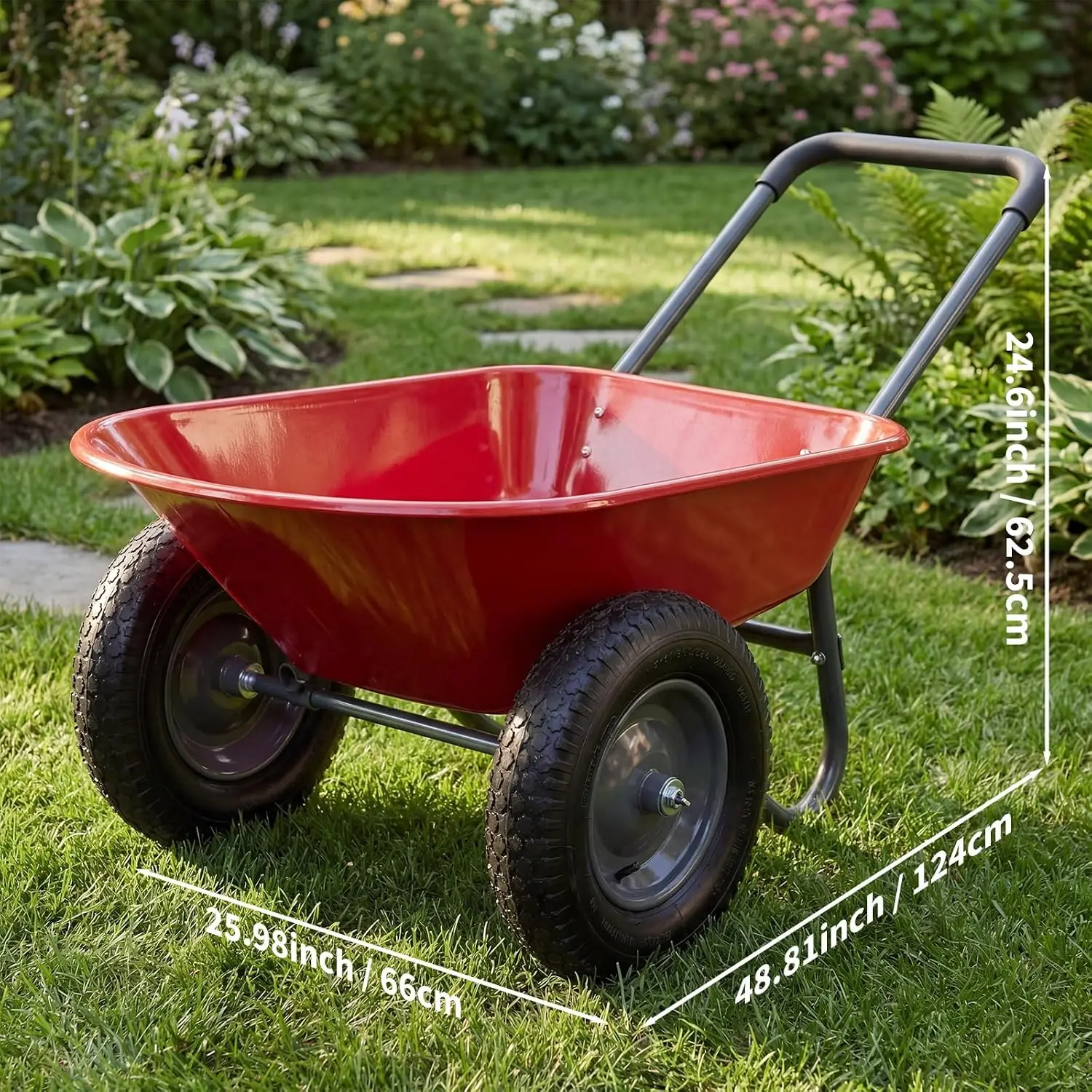 600Lb Mesh Utility Cart Dual-Wheel Wheelbarrow with 14" All-Terrain Tires for Yard and Garden, 48.8" x 26" Bed with Built-in Stand
