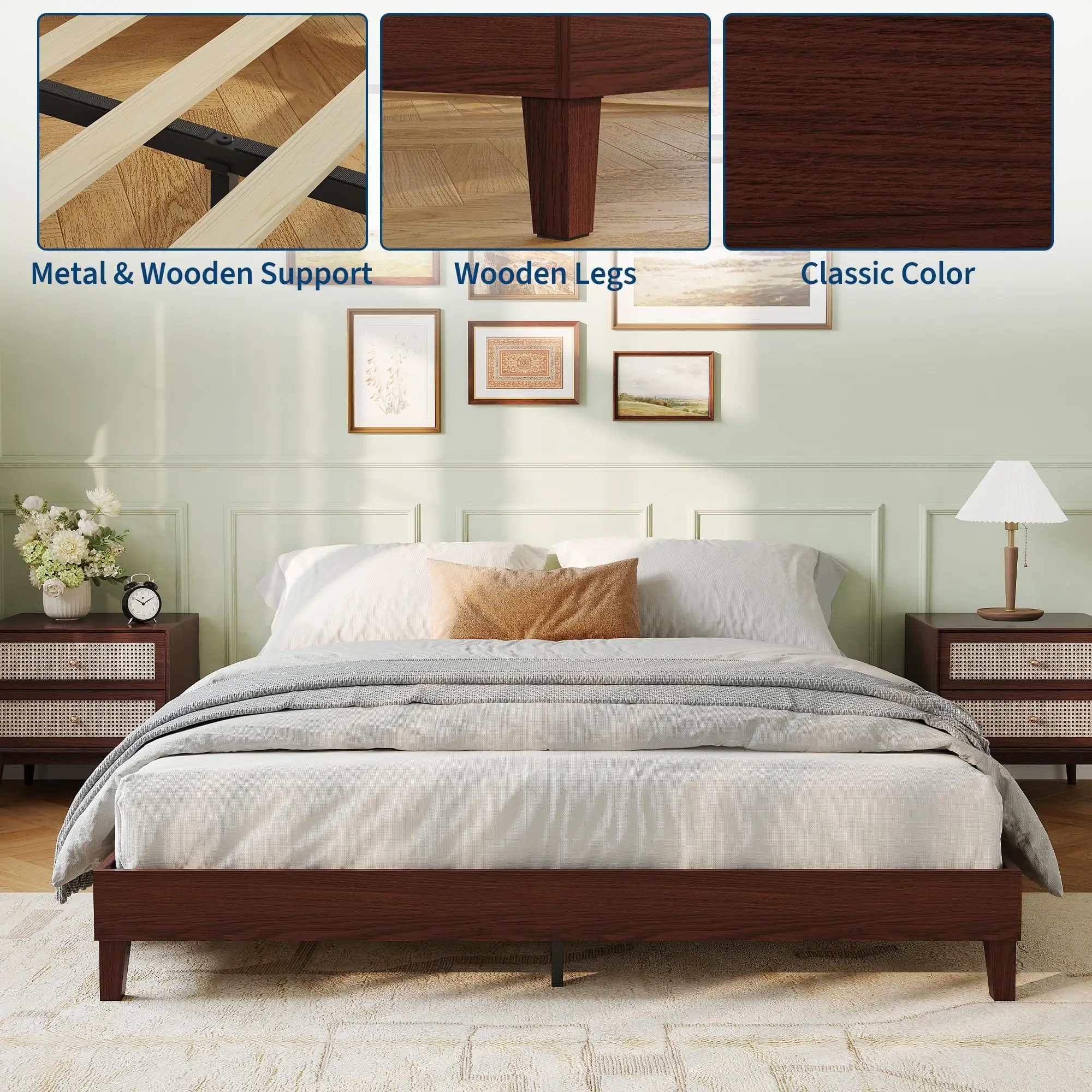 Queen Size Wood Platform Bed Frame 9in, Dark Walnut Low Profile Bed With Wood Slats, No Box Spring, Noise Free, 800 lb Support
