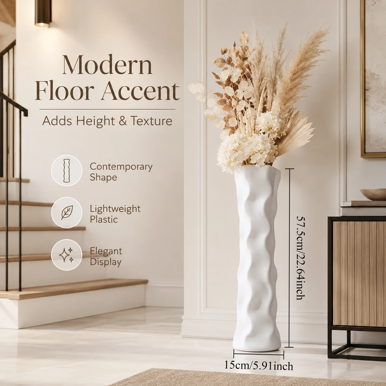 22.6 Inch Large Plastic Vase for Pampas Grass, Shatterproof Tall Sculptural Wavy Floor Vase, Lightweight Matte End Flower Pot Holder for Tabletop Entryway Home Decor