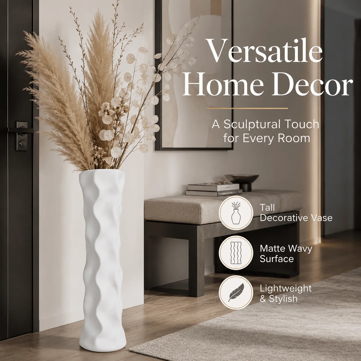 22.6 Inch Large Plastic Vase for Pampas Grass, Shatterproof Tall Sculptural Wavy Floor Vase, Lightweight Matte End Flower Pot Holder for Tabletop Entryway Home Decor