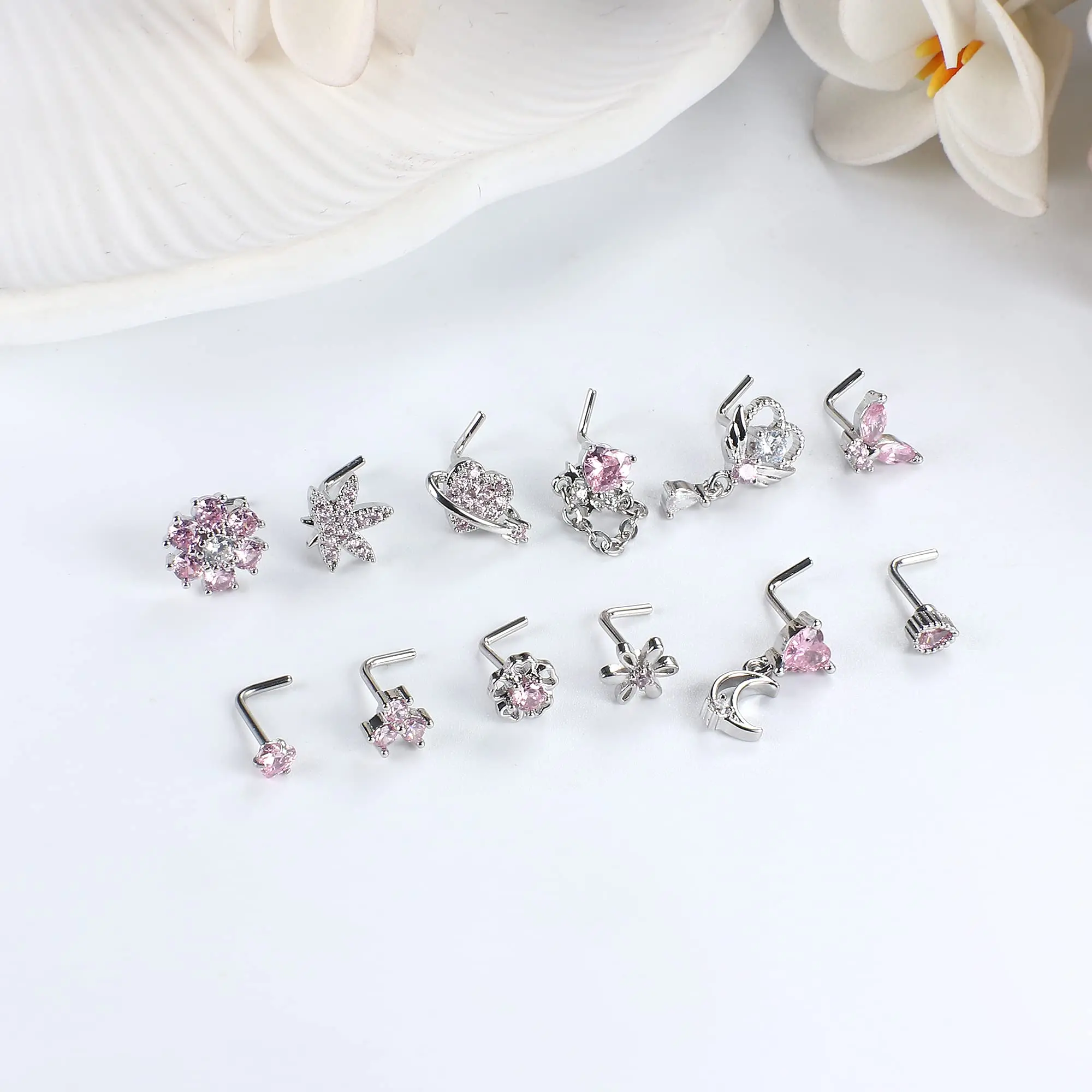 12Pcs Stainless Steel 20G Nose Rings L Shaped Nose Studs for Women CZ Heart Flower Leaf Moon Dangle Nose Studs Piercing Jewelry