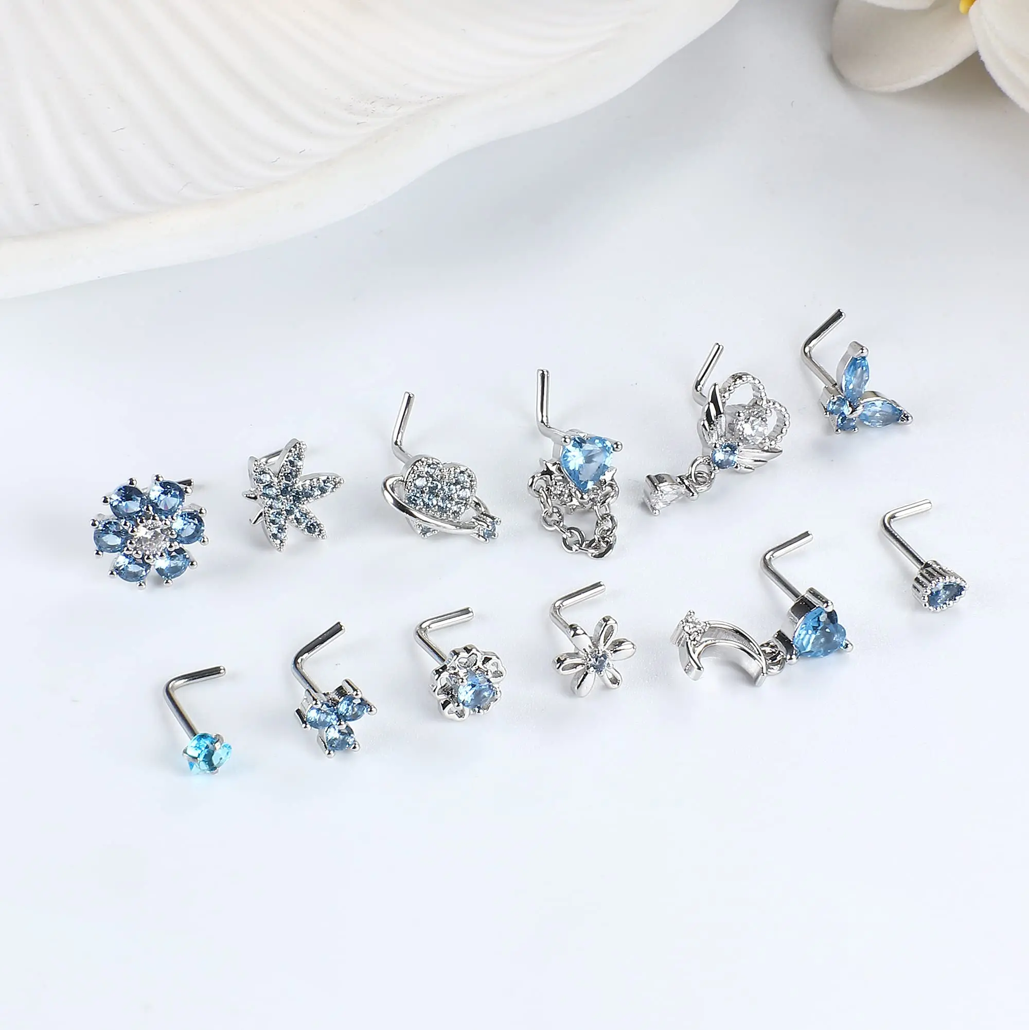 12Pcs Stainless Steel 20G Nose Rings L Shaped Nose Studs for Women CZ Heart Flower Leaf Moon Dangle Nose Studs Piercing Jewelry