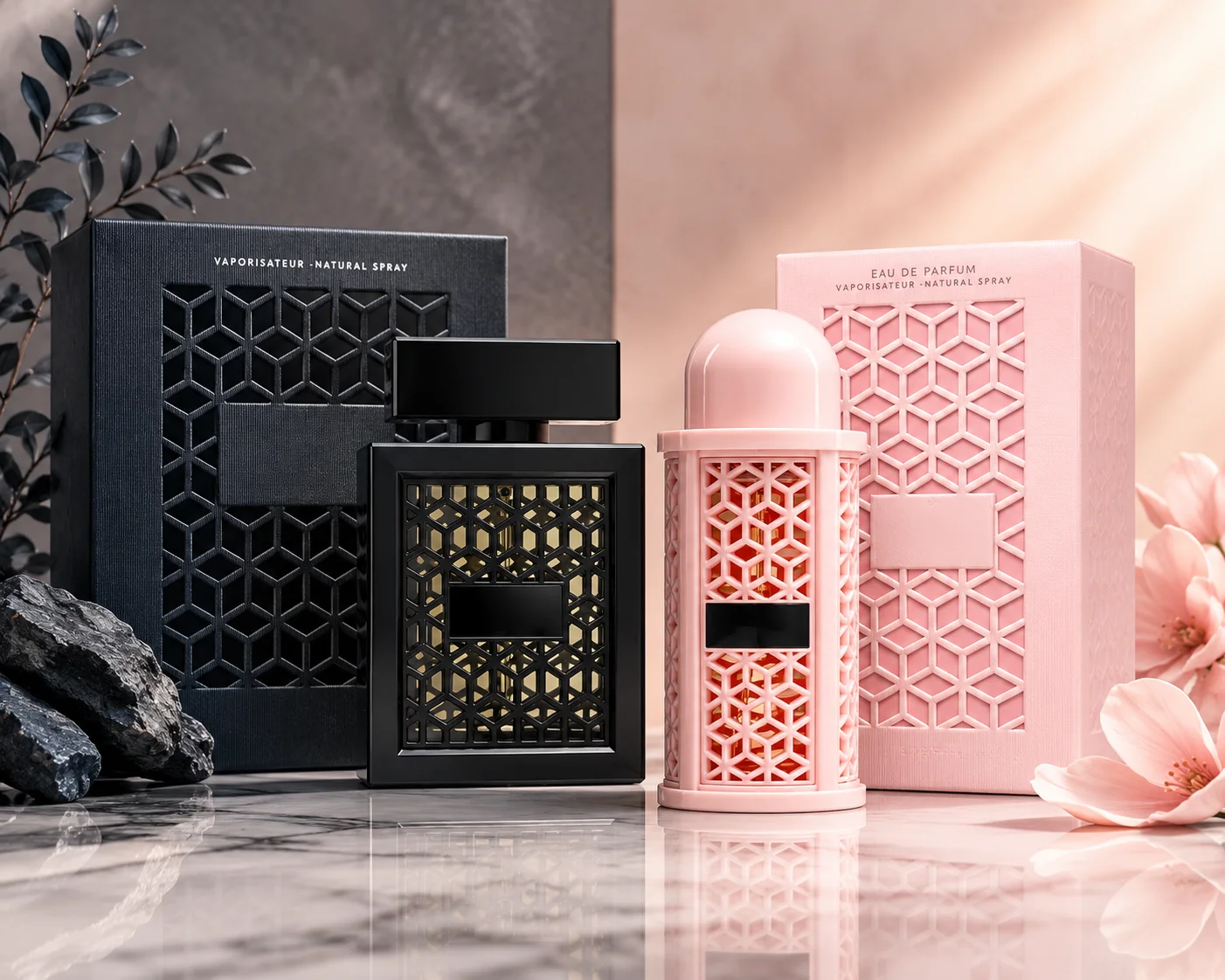 Unisex EDP Perfume Set 100ml 3.4oz Black Square & Pink Cylinder Hollow Cage Bottle Spray Long‑Lasting Oriental Woody Scent Dubai Arabian Luxury Gift Set