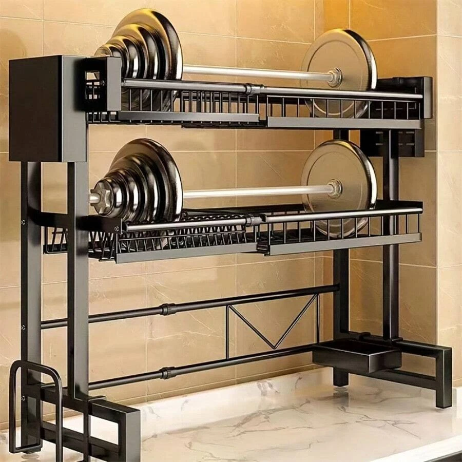 LEO IRIS 1pc Countertop Dish Storage Drainage Rack Expandable Kitchen Sink Shelf Dish Rack Drainer Black Kitchen Organizer SH260309171426788045536