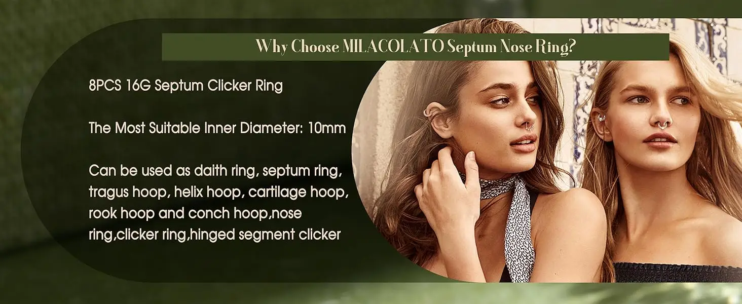 8PCS 16G Septum Clicker Ring Stainless Steel CZ Opal Cartilage Helix Hoop Daith Earrings Nose Rings Piercing Jewelry 10MM