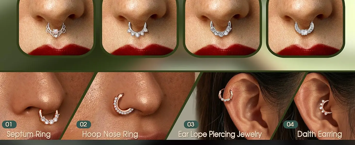 8PCS 16G Septum Clicker Ring Stainless Steel CZ Opal Cartilage Helix Hoop Daith Earrings Nose Rings Piercing Jewelry 10MM