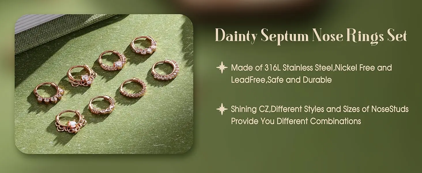 8PCS 16G Septum Clicker Ring Stainless Steel CZ Opal Cartilage Helix Hoop Daith Earrings Nose Rings Piercing Jewelry 10MM