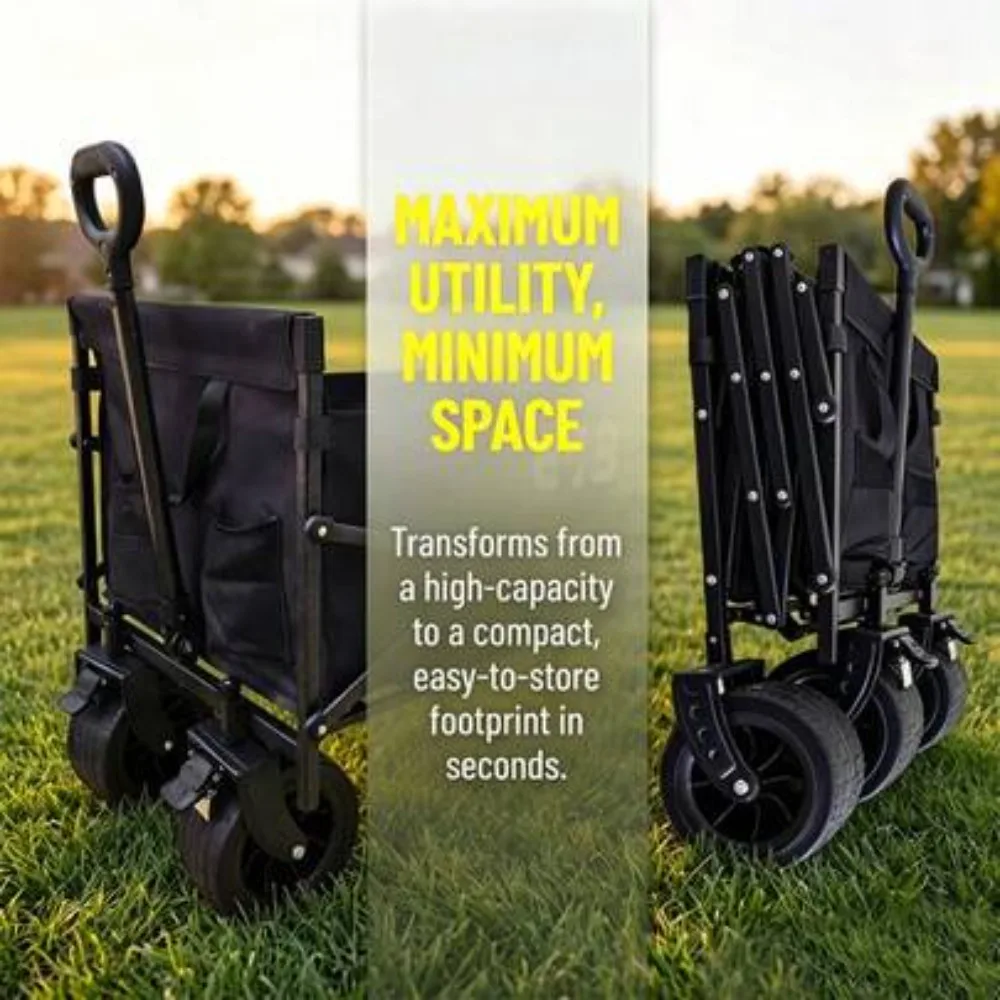 Foldable Utility Wagon With Adjustable Frame, Huge 980L Capacity, 580L Inside Storage, Heavy Duty Rolling Cart for Beach Camping Picnic Grocery Market Shopping Outdoor Travel