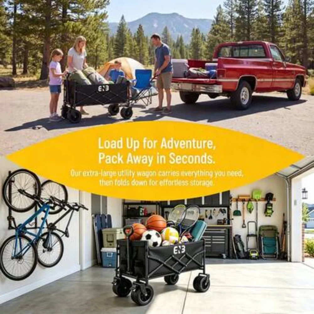 Foldable Utility Wagon With Adjustable Frame, Huge 980L Capacity, 580L Inside Storage, Heavy Duty Rolling Cart for Beach Camping Picnic Grocery Market Shopping Outdoor Travel