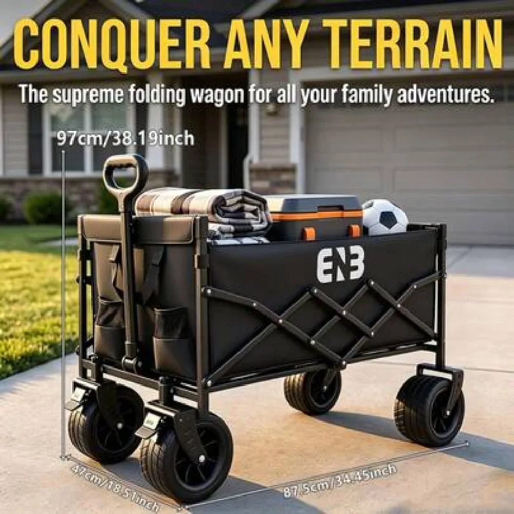 Foldable Utility Wagon With Adjustable Frame, Huge 980L Capacity, 580L Inside Storage, Heavy Duty Rolling Cart for Beach Camping Picnic Grocery Market Shopping Outdoor Travel
