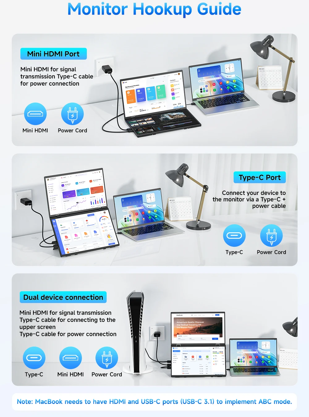UPERFECT 15.6" Dual Portable Monitor for Laptop Screen Extender Folding Stacked Triple with Mini HDMI Office Computer Display