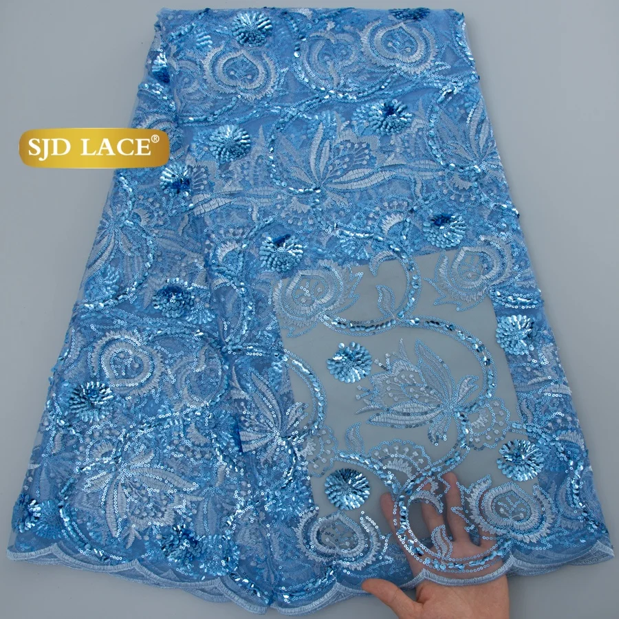 SJD LACE African Sequins Blue Mesh Lace Fabrics 2026 High Quality Nigerian French Tulle Net Lace Fabrics for Woman Wedding Dresses Sew 3858
