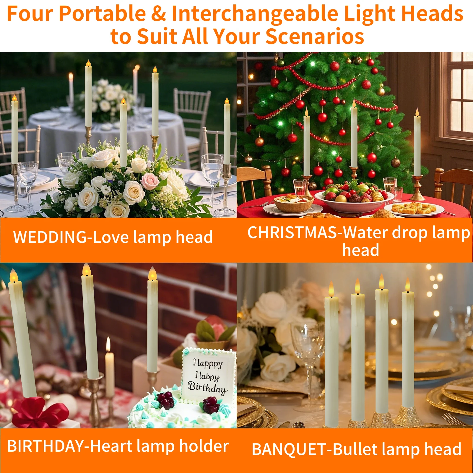6/12Pcs Rechargeable Flameless Taper Candles with Remote 4 Type Head 3D Wick Taper with Timer Flickering Function for Home Wedding Birthday Christmas Decoration