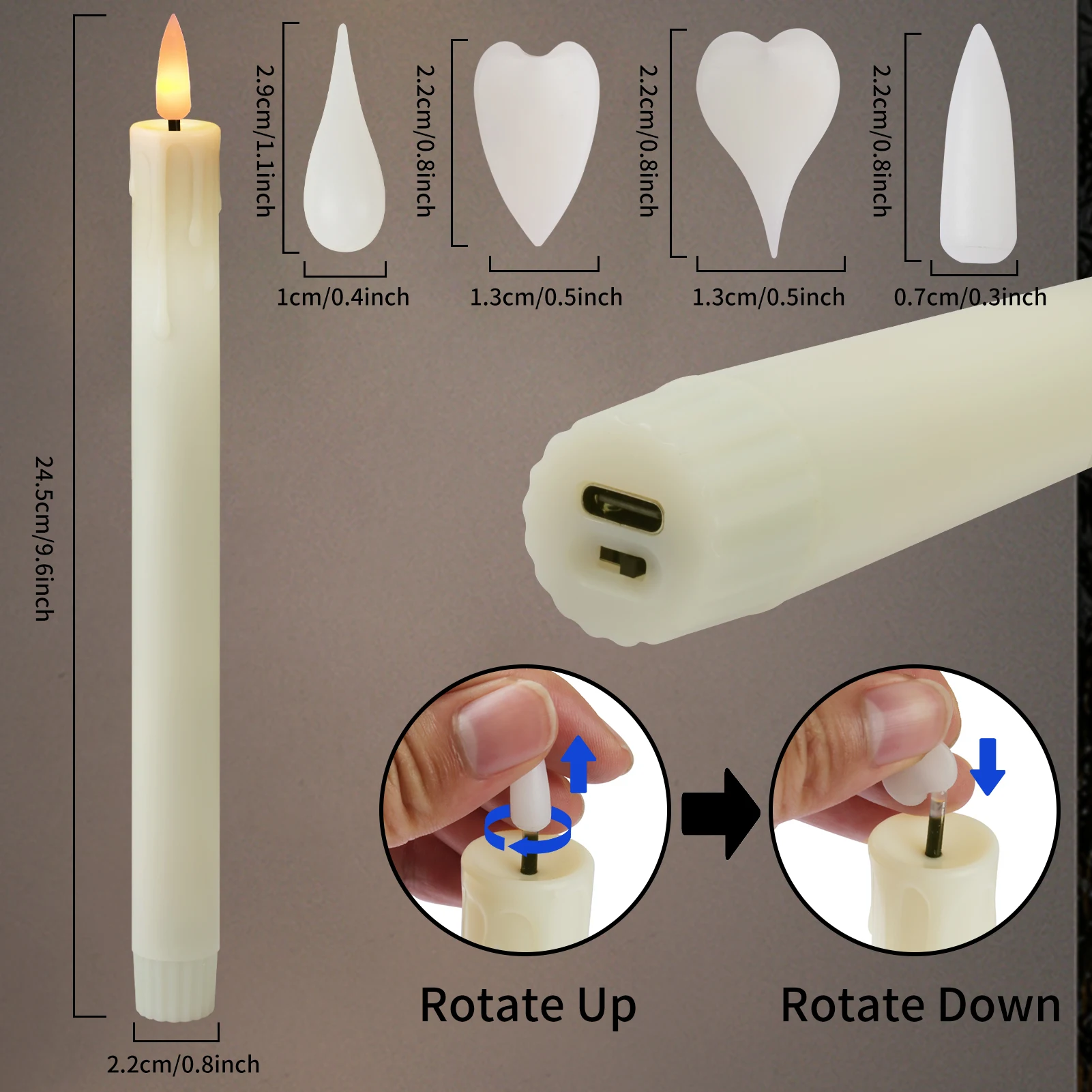 6/12Pcs Rechargeable Flameless Taper Candles with Remote 4 Type Head 3D Wick Taper with Timer Flickering Function for Home Wedding Birthday Christmas Decoration
