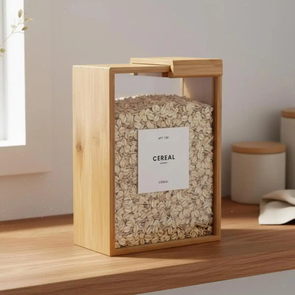 Rice Storage Container Bamboo Food Dispenser for Pantry Organization Kitchen Storage for Cereal Pasta Flour with Sealed Clear Acrylic Lid Transparent Sliding Lid Easy Access