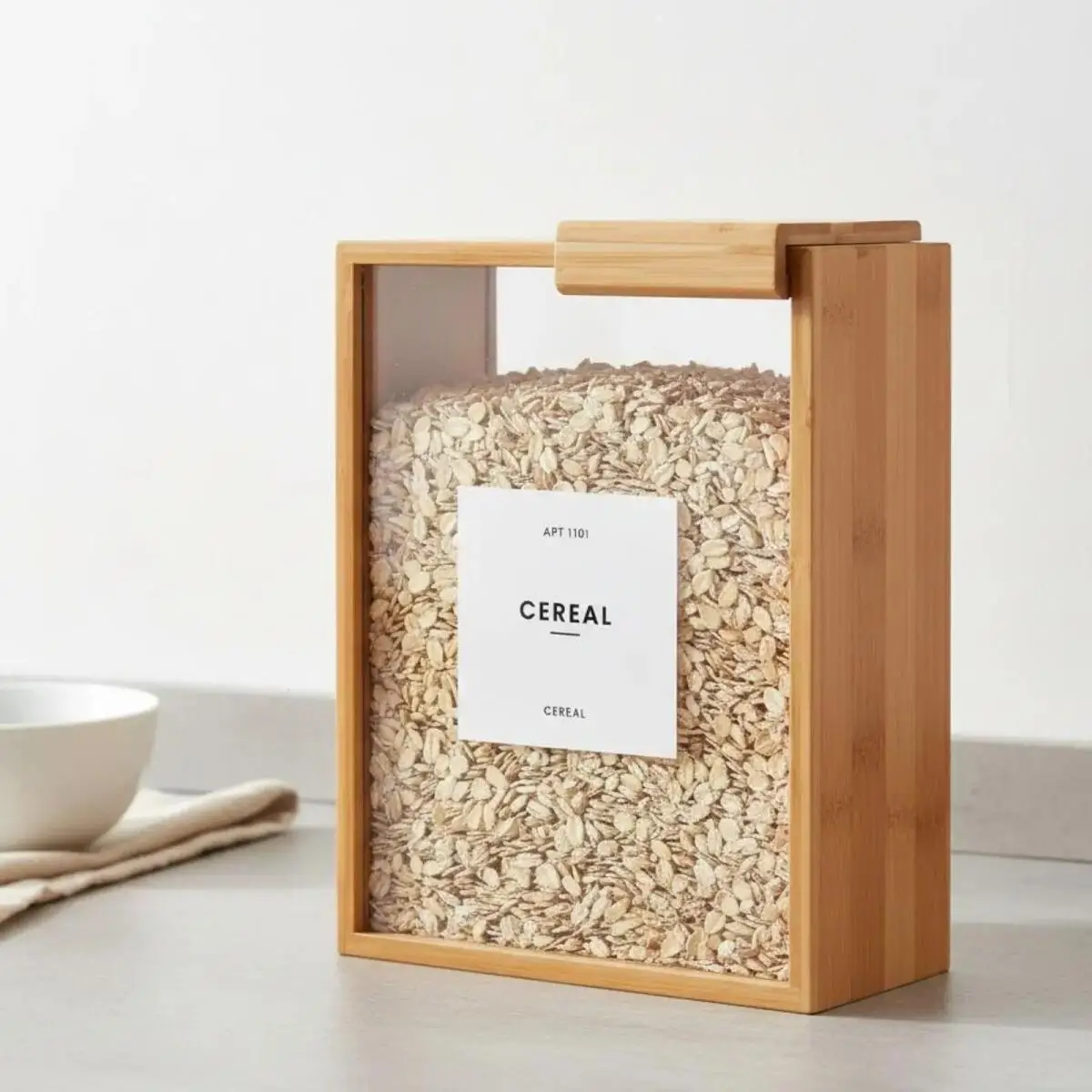 Rice Storage Container Bamboo Food Dispenser for Pantry Organization Kitchen Storage for Cereal Pasta Flour with Sealed Clear Acrylic Lid Transparent Sliding Lid Easy Access