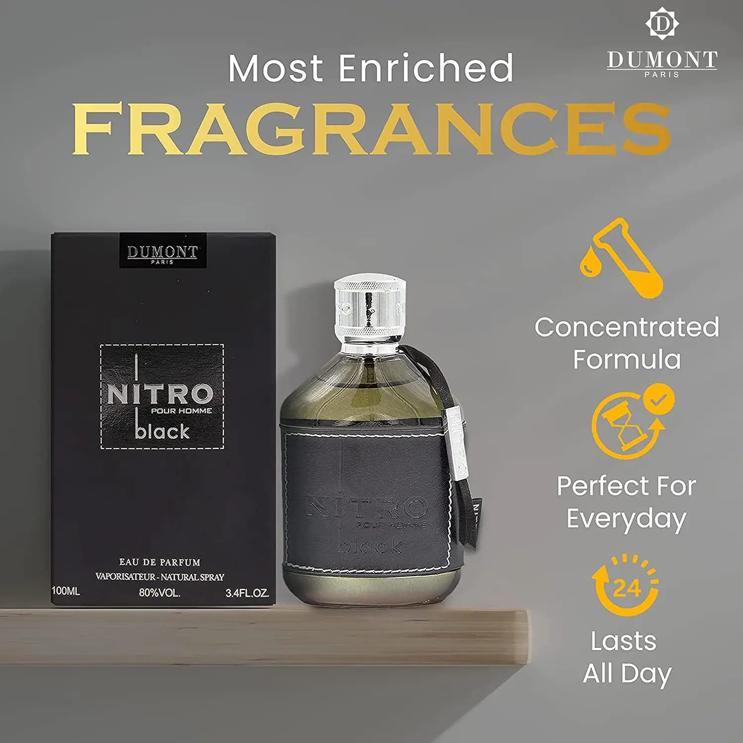 Men Dumont Nitro Black Pour Homme Eau De Parfum 100ml, Premium Leather Wrapped Bottle, Long-Lasting Woody Oriental Scent for Daily Wear & Gifting