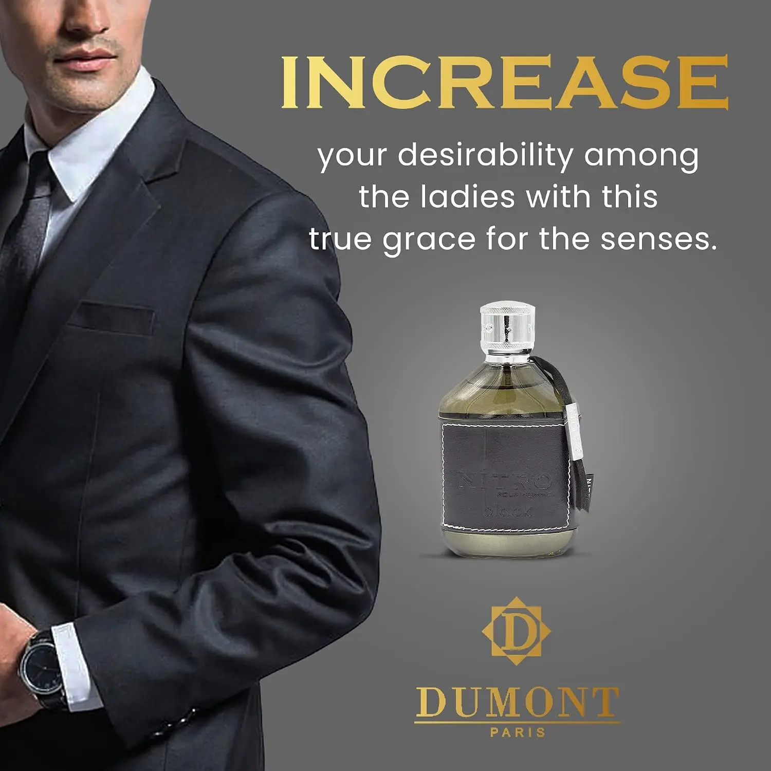 Men Dumont Nitro Black Pour Homme Eau De Parfum 100ml, Premium Leather Wrapped Bottle, Long-Lasting Woody Oriental Scent for Daily Wear & Gifting